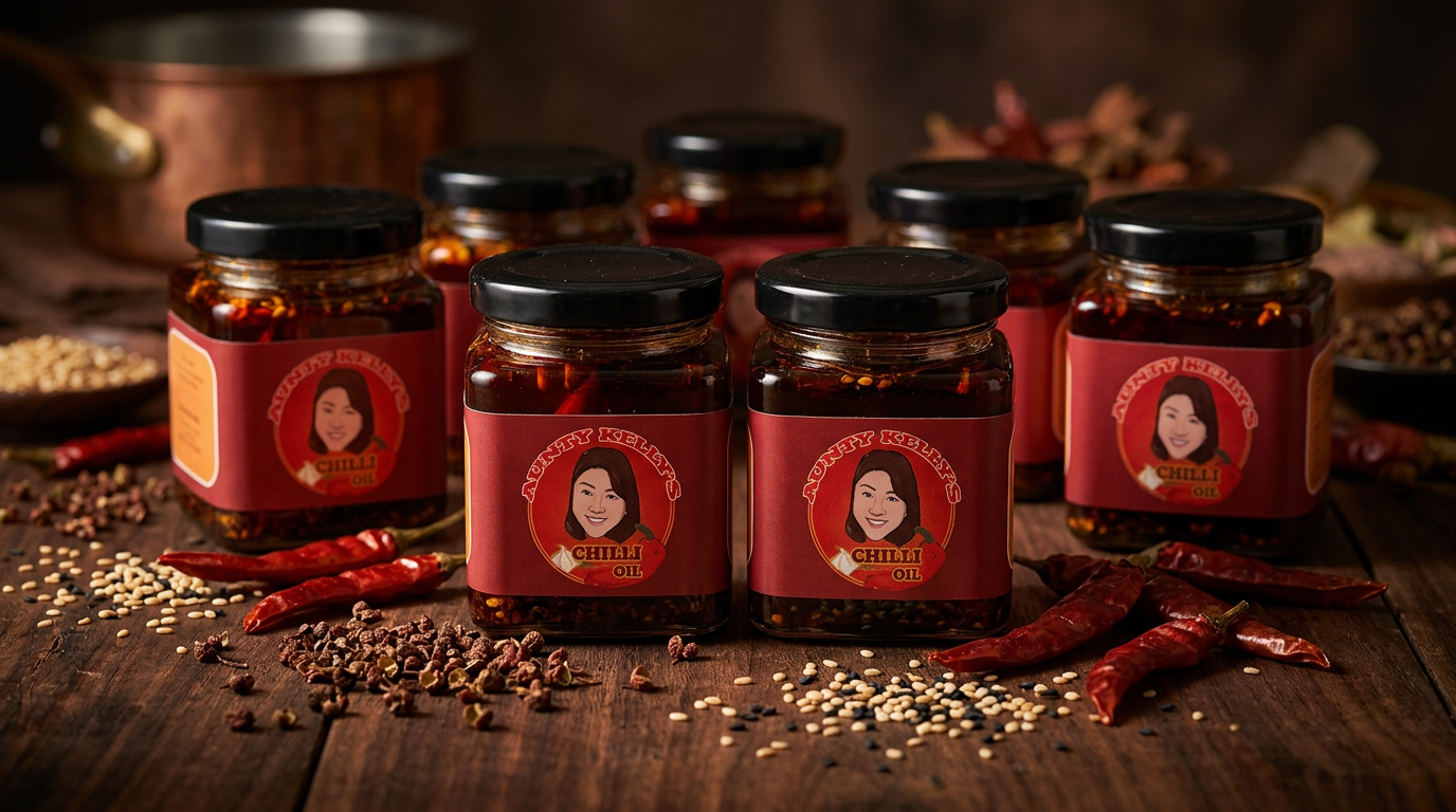 Chilli oil drizzled over noodles